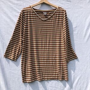 Brown w White Stripes Knit 3/4 Sleeves Top Shirt Chico's Size 3 XL Rayon